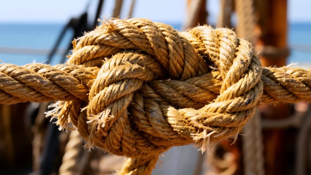 Die Kamera fährt zurück und enthüllt einen dicken Seilknoten auf dem Schiffsdeck, der ausgefranste Fasern und den Horizont zeigt