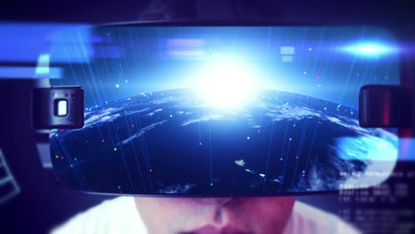 close-up shot of a young man wearing vr headset and experiencing virtual reality