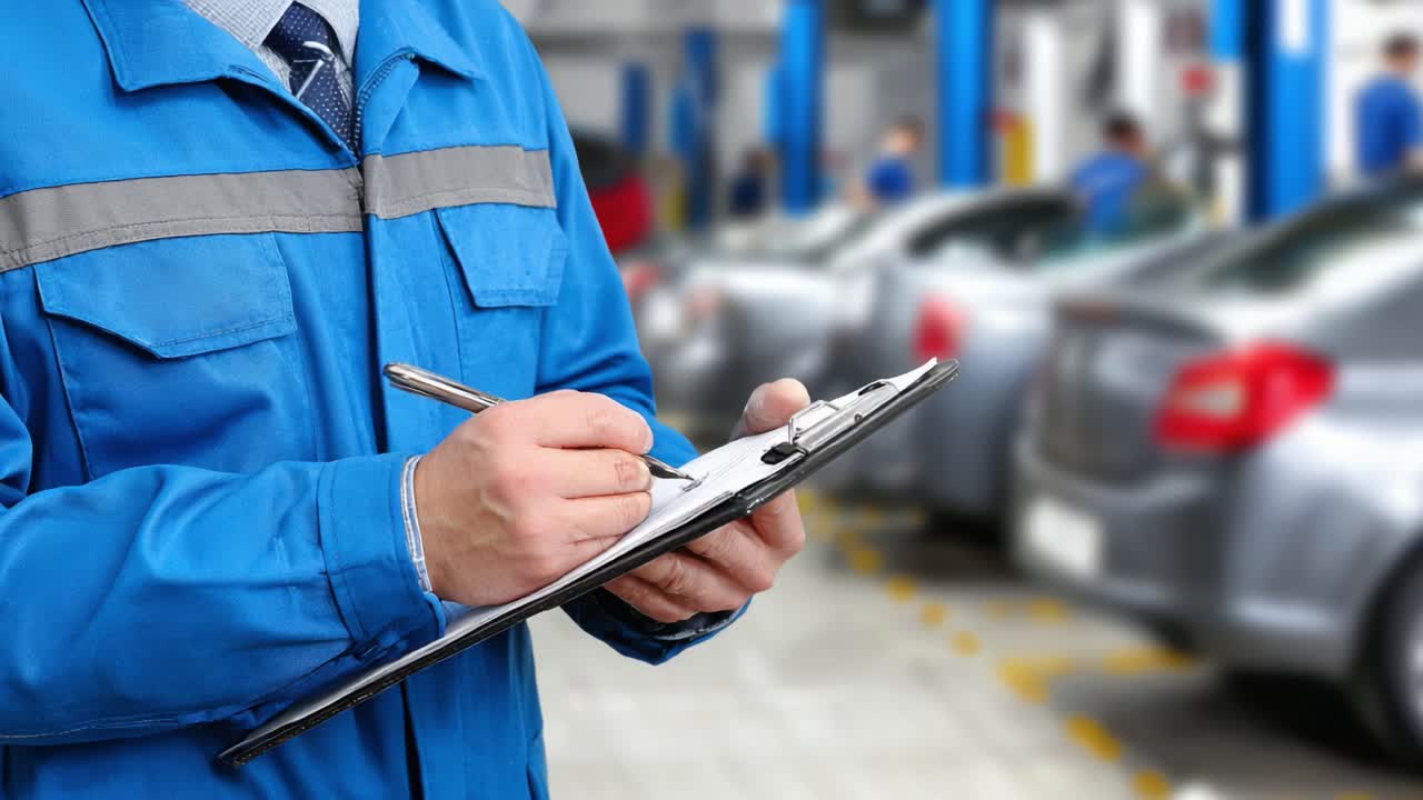 Ein Mechaniker in blauer Uniform inspiziert Fahrzeuge und macht sich Notizen auf einem Klemmbrett in einer belebten Autowerkstatt voller Autos, die auf Service und Reparaturen warten