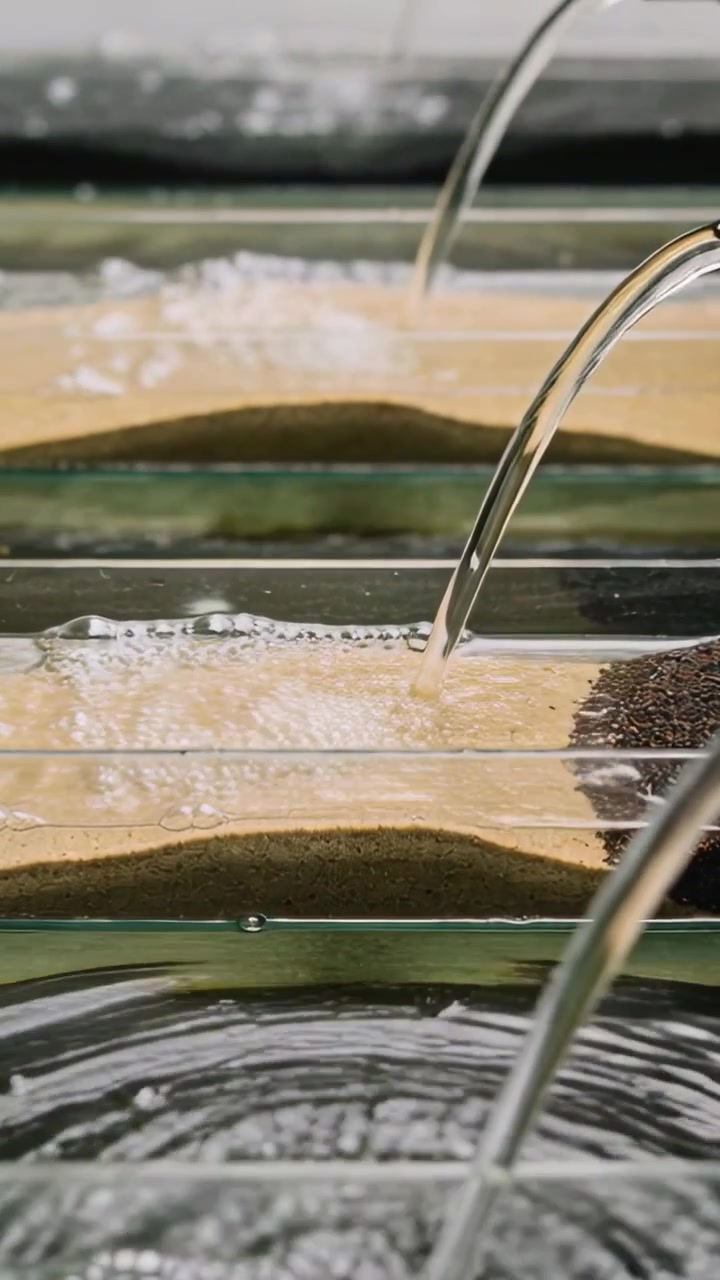 Vertical video: Pouring 3 spouts sending water to tiered trays on table forming sand foam, ripples