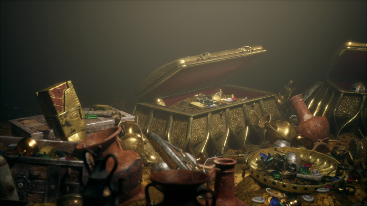 Cofre del tesoro antiguo lleno de joyas y oro