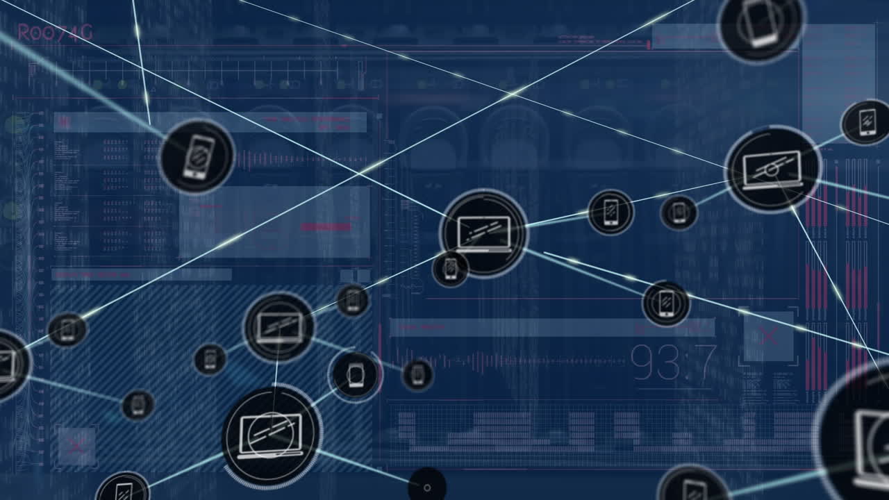 애니메이션 컴퓨터 네트워크, 통계 데이터에 대한 라인과 연결되는 모바일 아이콘