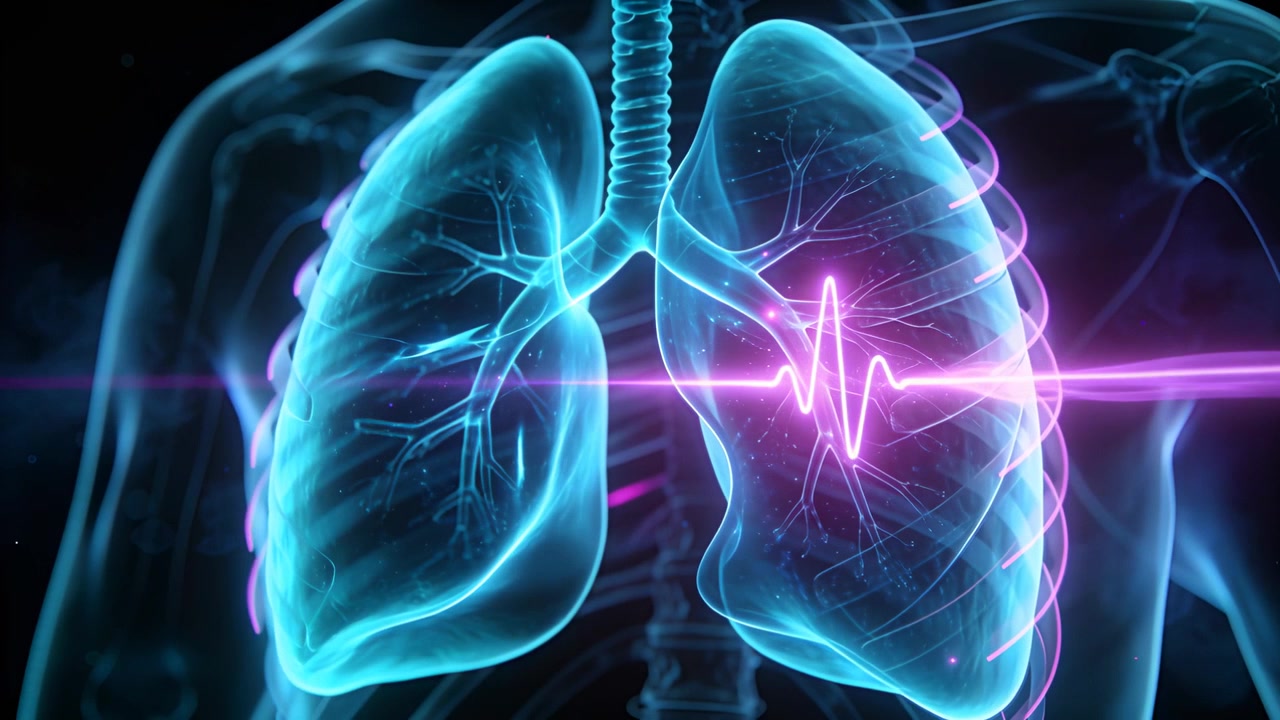 Starting magenta ECG sweeping across cyan lungs and trachea on dark backdrop, indicating right lung
