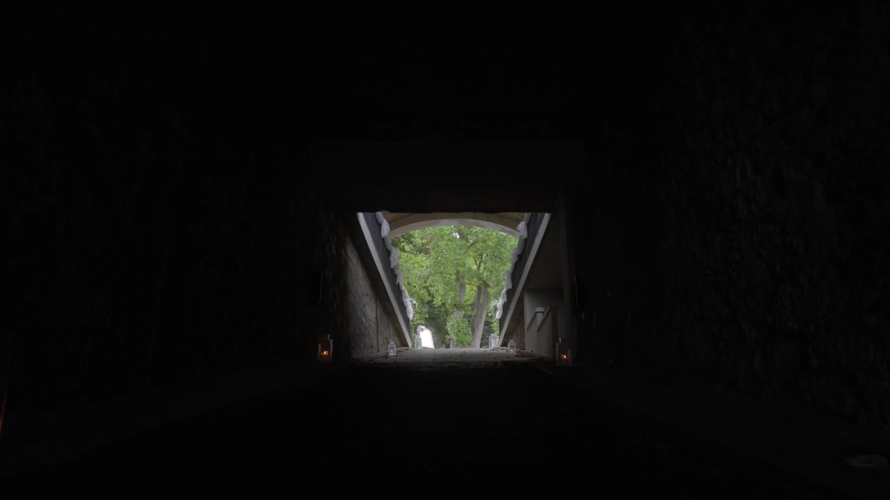 View from inside a dark tunnel, lanterns lit along path, looking out to greenery