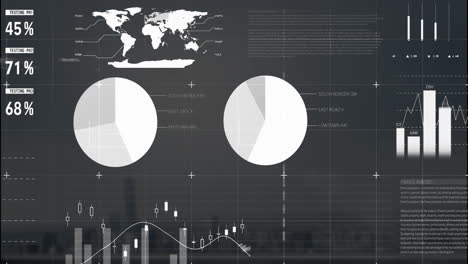 Animation-of-white-infographic-interface-over-modern-cityscape-against-sky