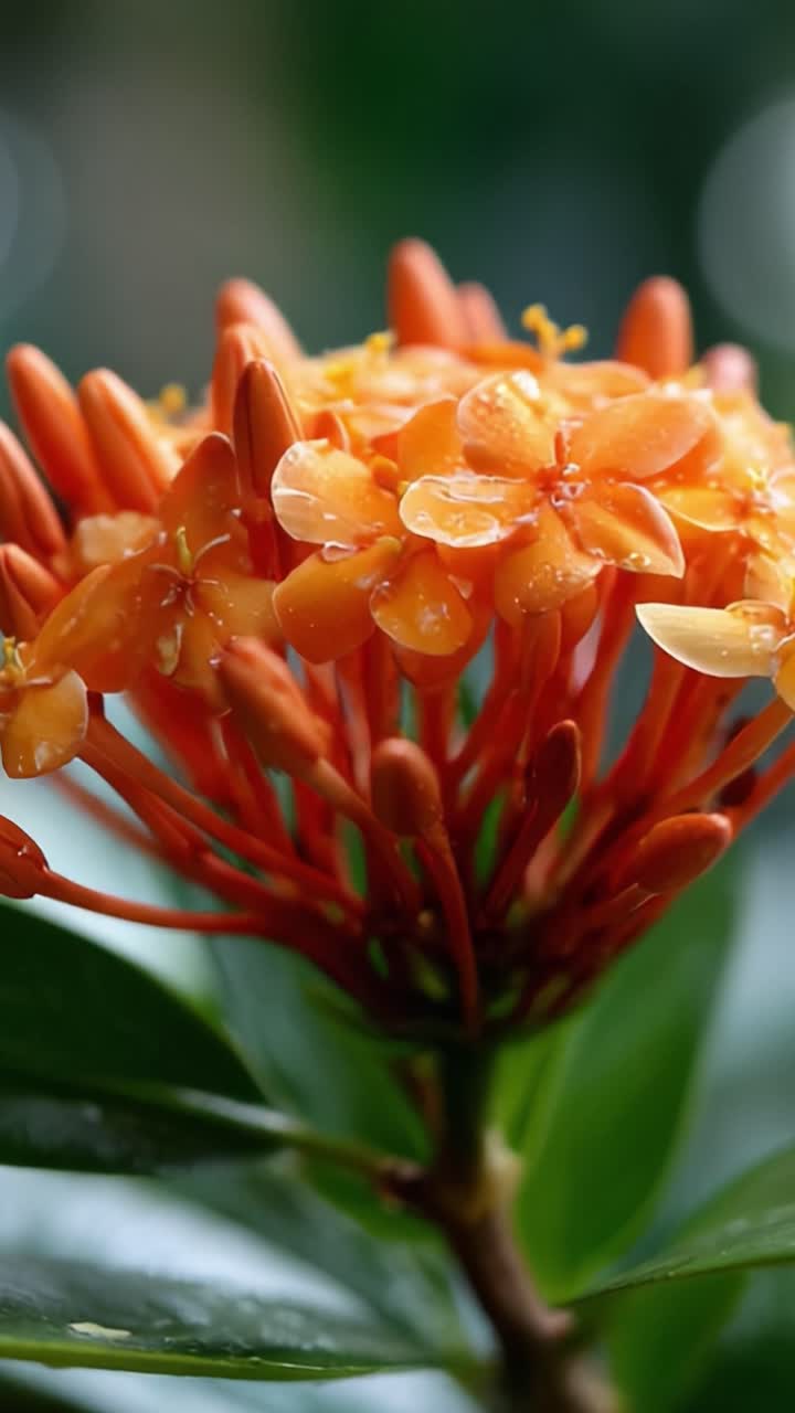 Captivating Close-Up of Vibrant Orange Flower Blooms Adorned with Dewdrops, Surrounded by Lush Green Leaves, Showcasing Nature's Stunning Beauty and Intricate Details