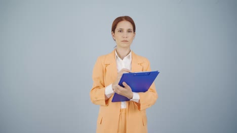 business woman saying stop to camera.