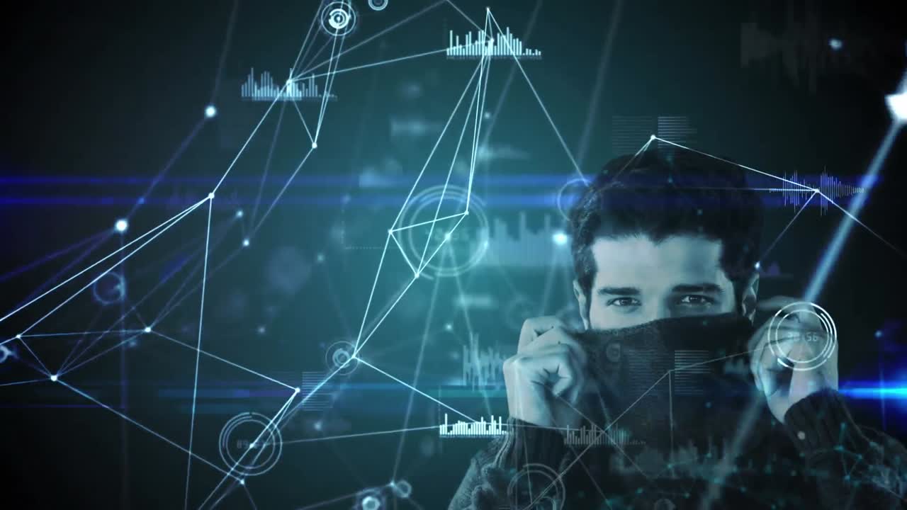 retrato de un hombre cubriendo su rostro con estadísticas y una red de conexiones girando en el fondo