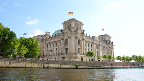 reichstag in berlin under blue sky in summer next to spree river