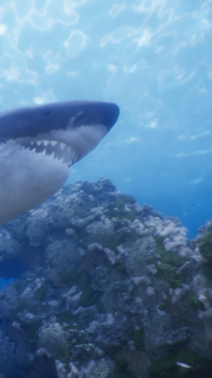 Shark swims near coral reef in deep blue water during sunny day