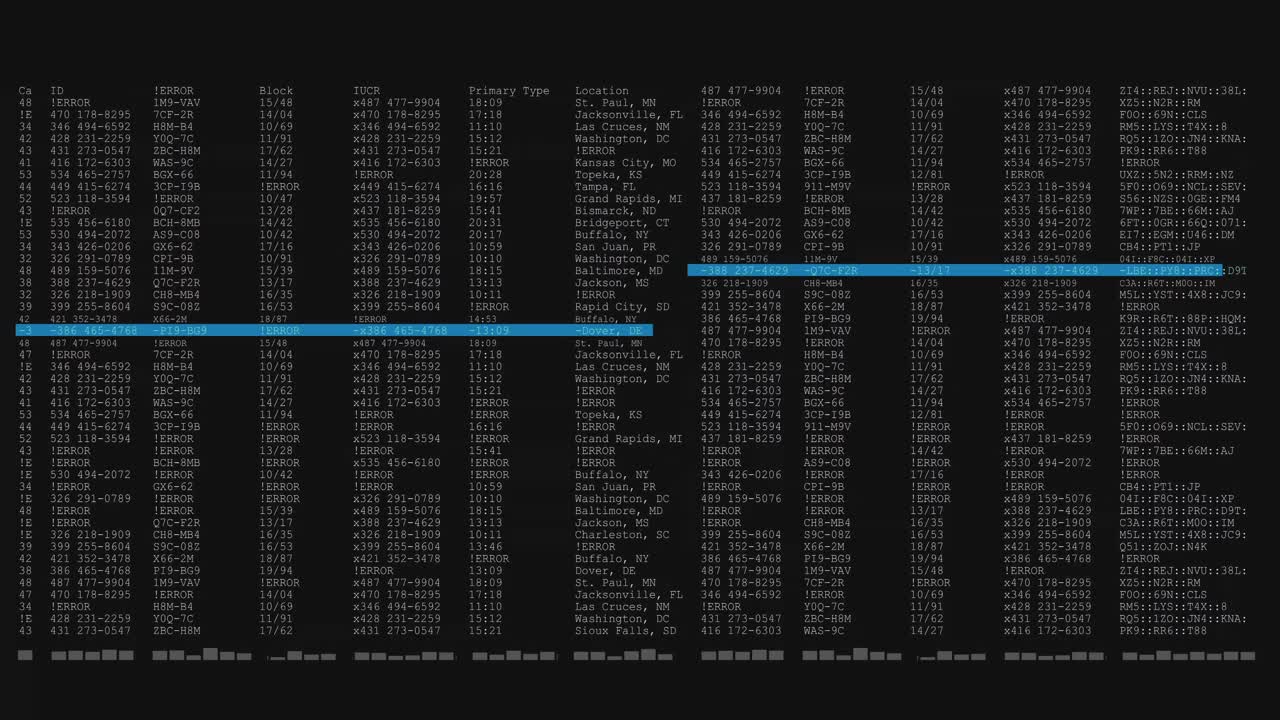 Animation of data processing on black and blue computer screen