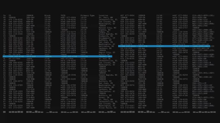 Animation of data processing on black and blue computer screen