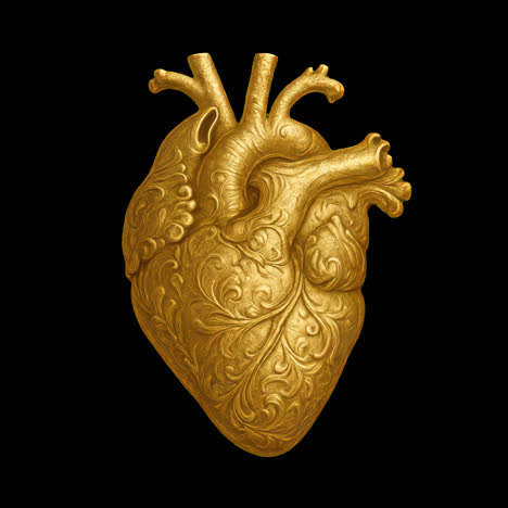 intricate golden heart sculpture animation isolated asset, transparent 4k video, alpha channel
