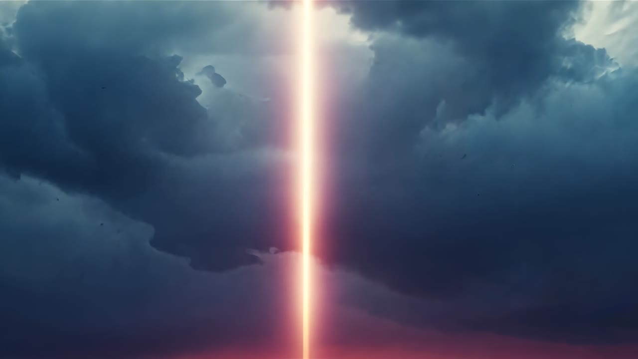 Appearing vertical beam intensifying over stormy sky, lighting clouds and creating horizon glow