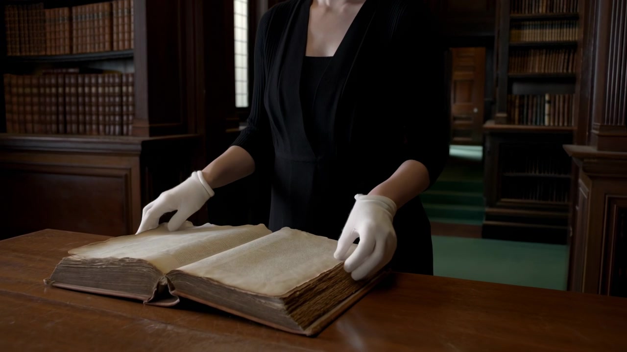 En kvinde står ved et træbord i et dæmpet bibliotek og bladrer forsigtigt i en gammel bog, mens høje hylder og blødt vindueslys skaber en rolig, lærd atmosfære.