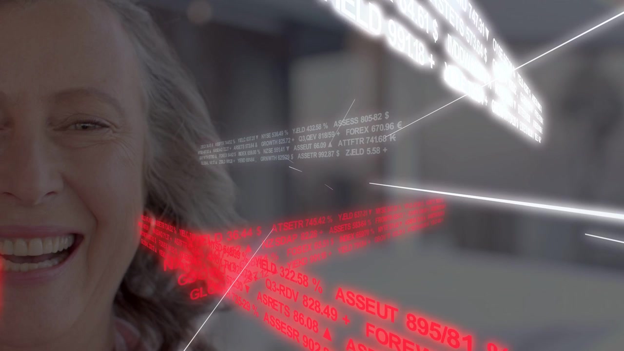 Senior woman reacting to sweeping financial tickers and red bands, shifting into smile