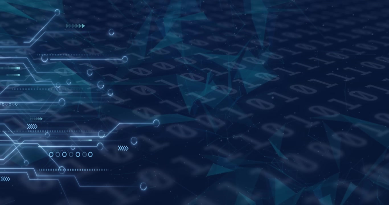 Animation of illuminated circuit board texture and binary codes over abstract background