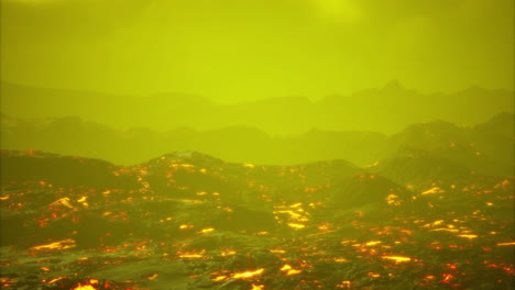 vibrant volcanic landscape under a luminous yellow sky during twilight hours