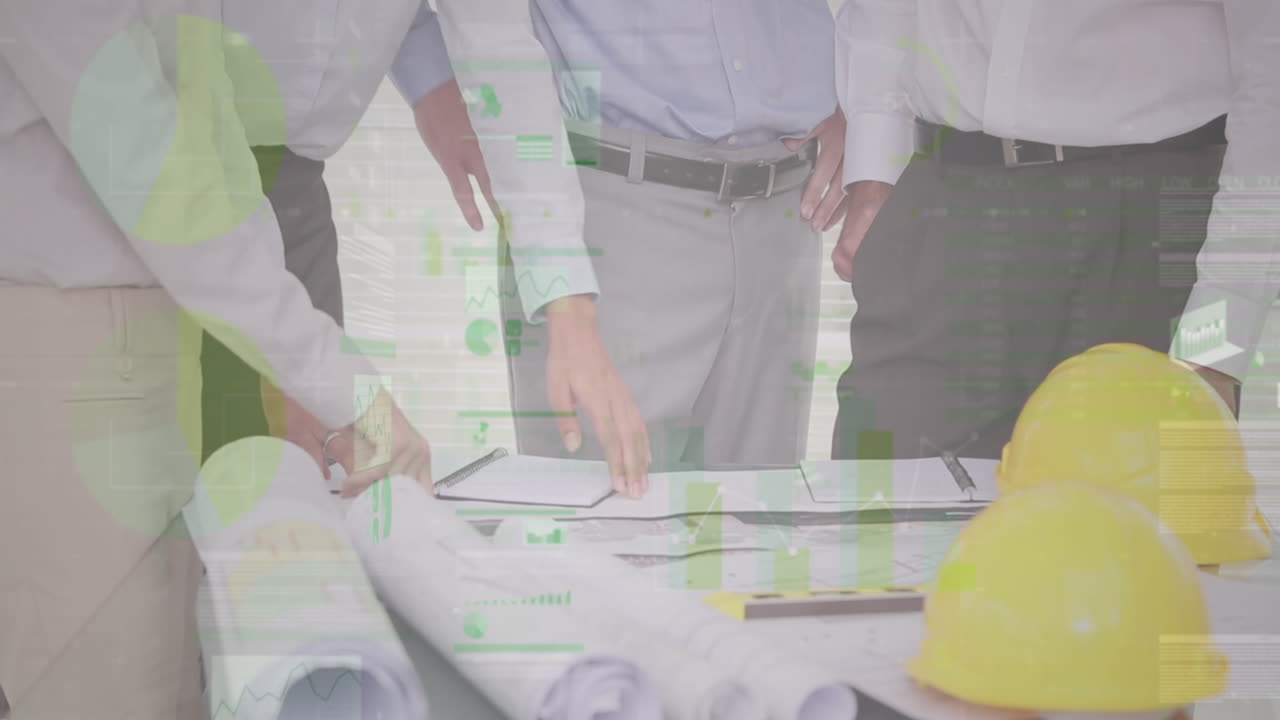 animación de estadísticas y procesamiento de datos financieros sobre arquitectos con planes en reunión