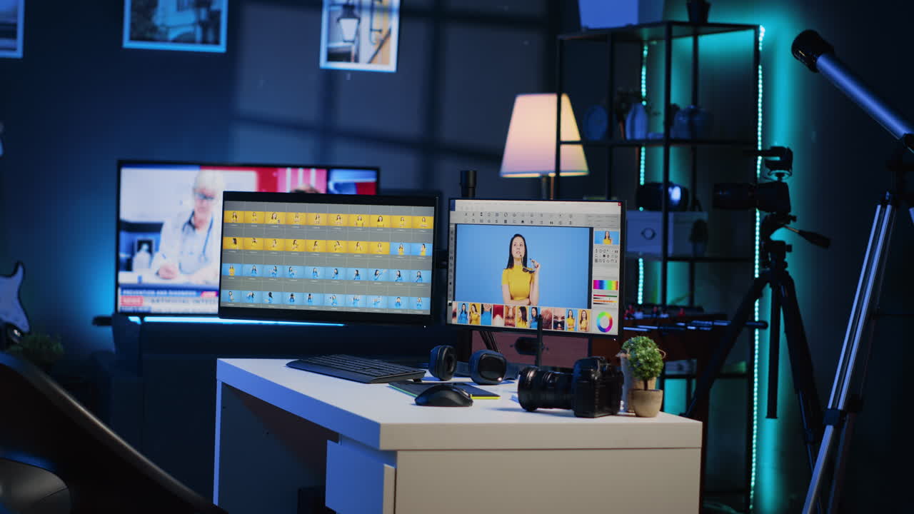 Creative office in media company with multi monitor computer setup used for image retouching