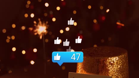 Animation-of-social-media-thumb-up-icons-over-christmas-tree