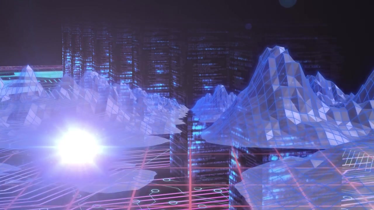 Futuristic Digital Landscape with Wireframe Mountains and Glowing Grid