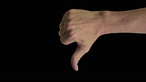 close up shot of a male hand giving a classic thumbs down sign, against a plain black background