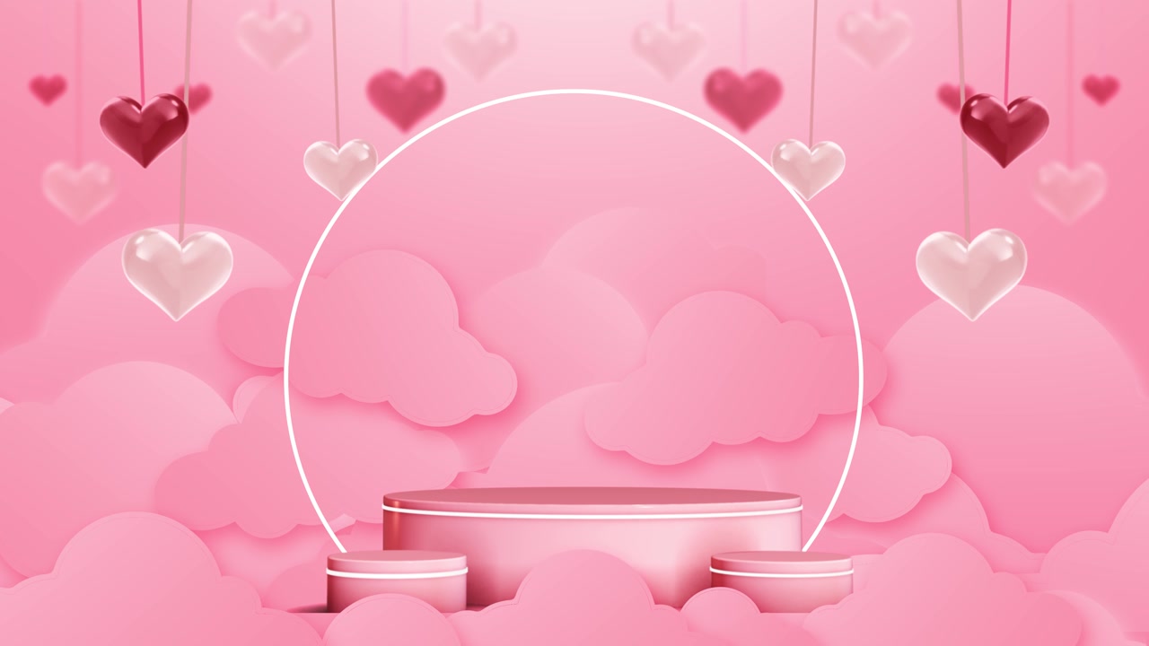 Pink heart love podium background with hanging glossy hearts soft clouds glowing circle frame and