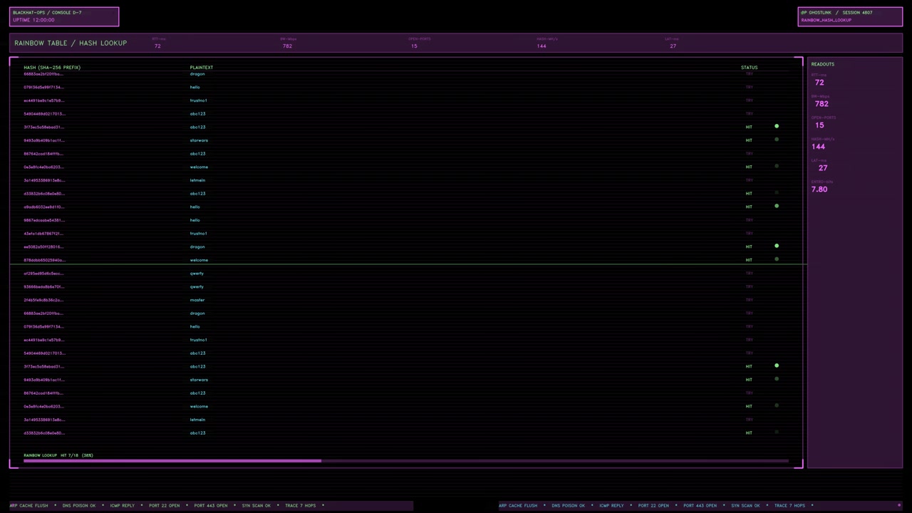 A magenta cyber hacking terminal interface element showing active hash cracking data readouts. Loops seamlessly with a transparent background for overlaying onto tech edits