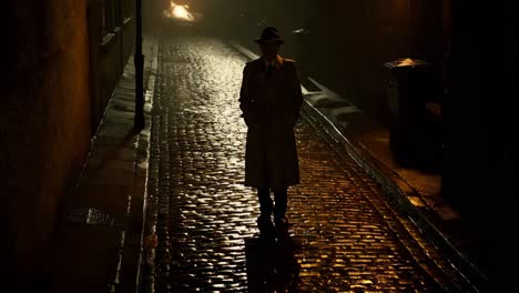 mysterious figure in a wet alley at night