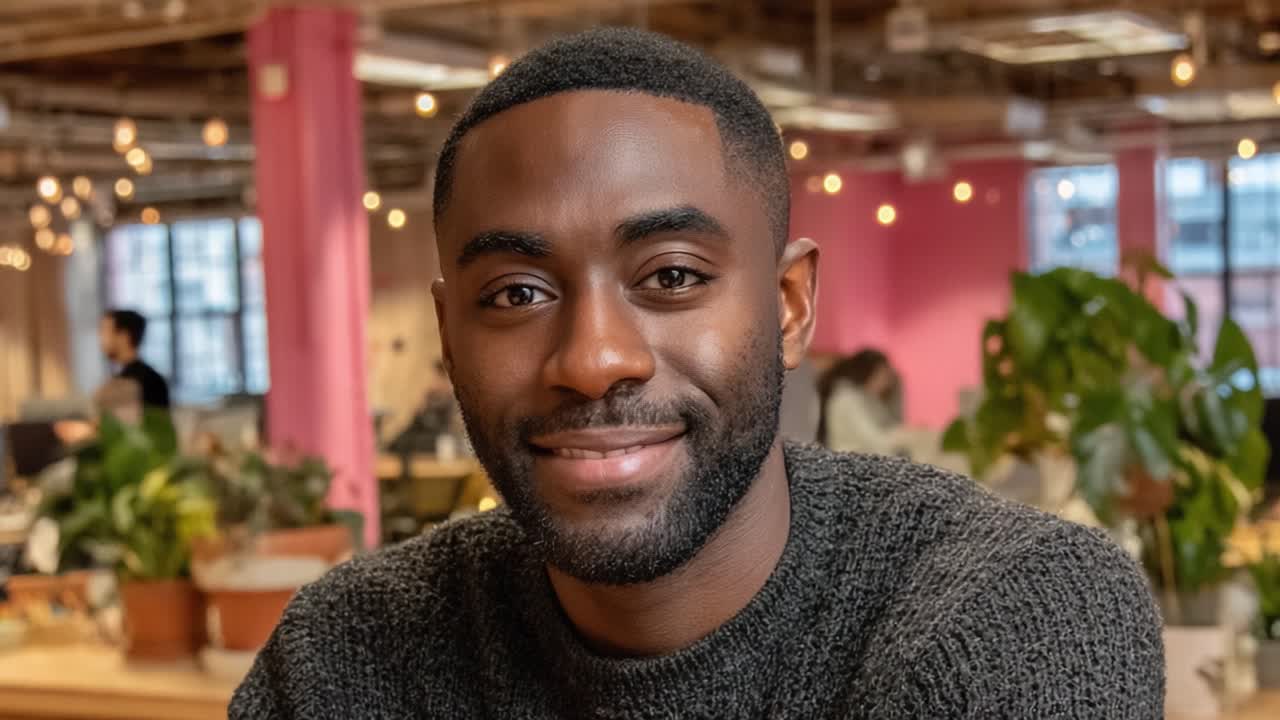 A Smiling Young Man Poses Naturally in a Bright, Cozy Workspace, Surrounded by Lush Plants and Warm Lighting Reflecting a Creative Environment