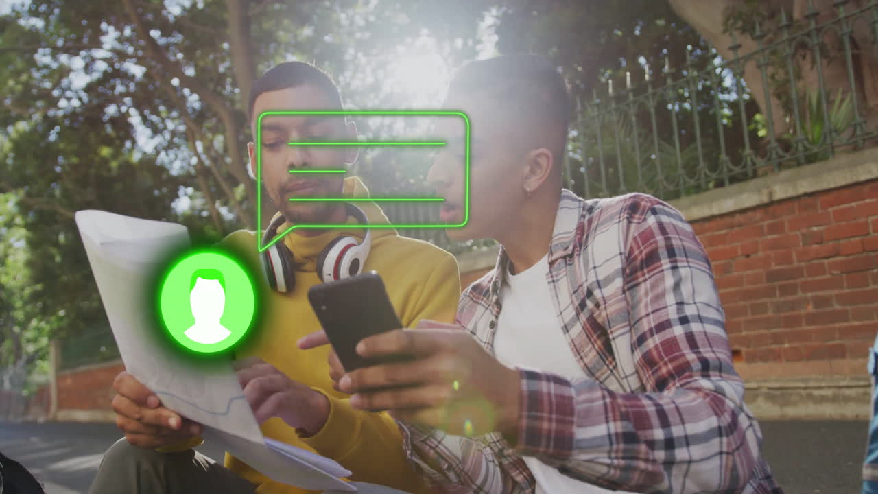 Discussing documents and smartphone, two people with animation of digital icons overlay