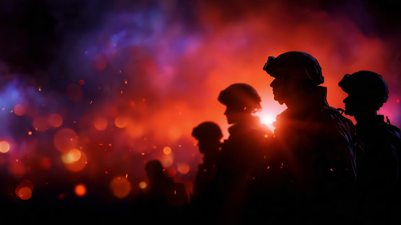 Dramatic Silhouettes of Soldiers Against a Fiery Background, Capturing the Intensity and Courage of Military Personnel in an Engaging and Emotionally Charged Scene Filled with Action and Resilience