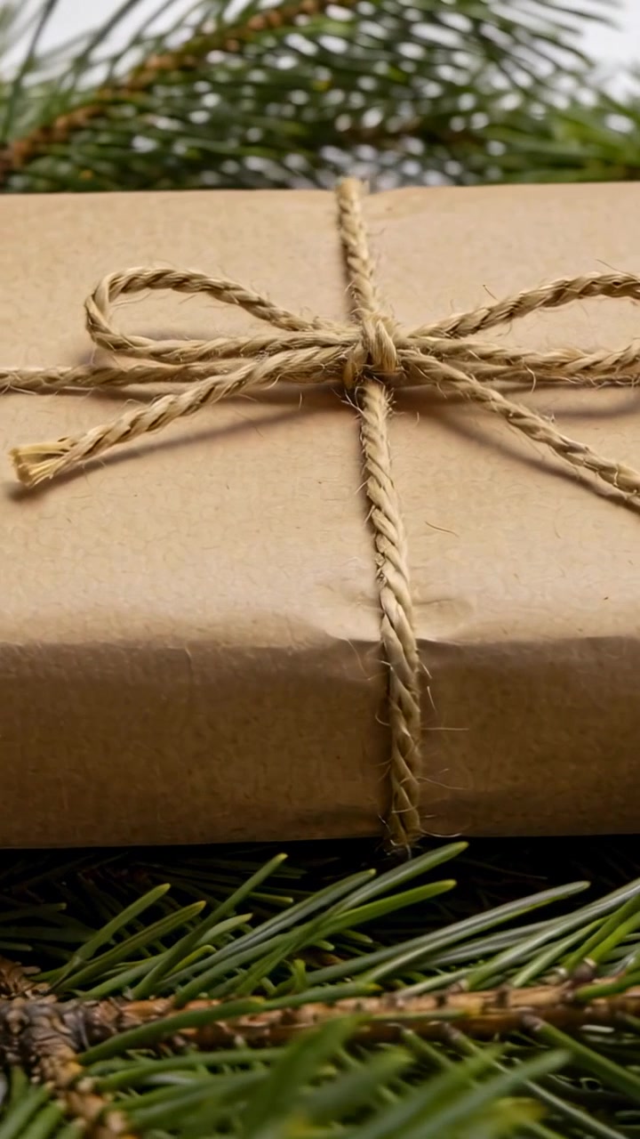 Video verticale: La telecamera si sposta con uno zoom su un fiocco e spago su rametti di pino che incorniciano un regalo avvolto in carta kraft.