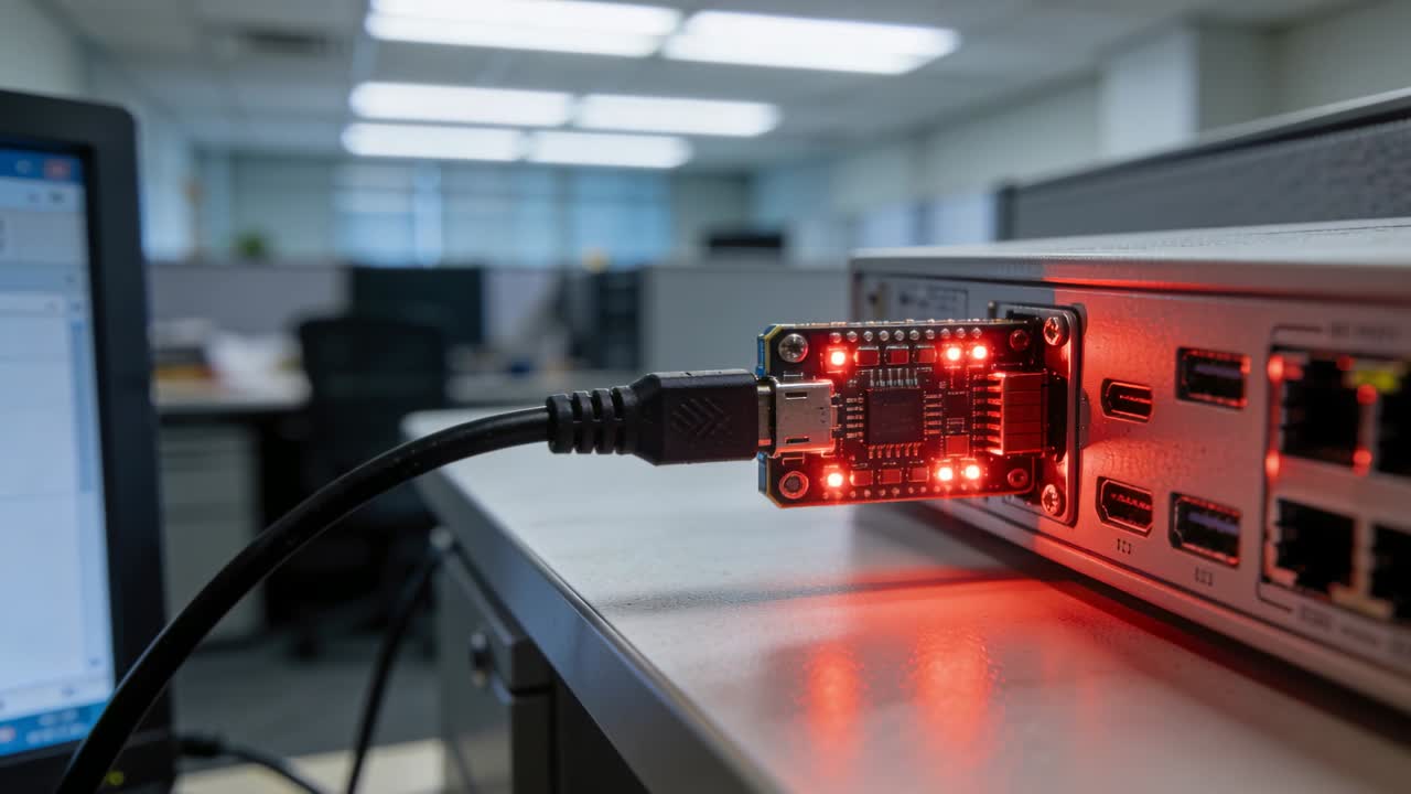 USB dev board pulsing red LEDs after USB cable powering it at office workstation, copy space