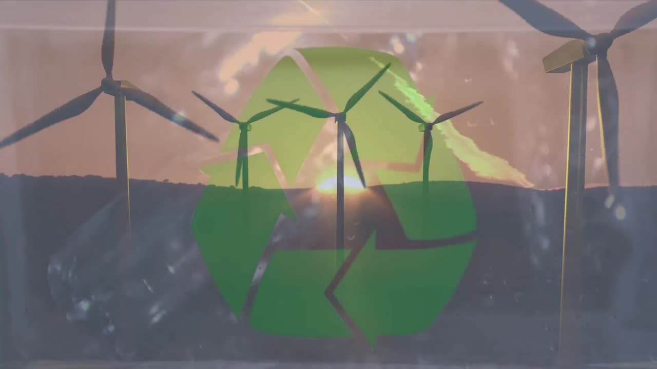 animación de un cartel de reciclaje verde sobre una caja con botellas de plástico y turbinas eólicas