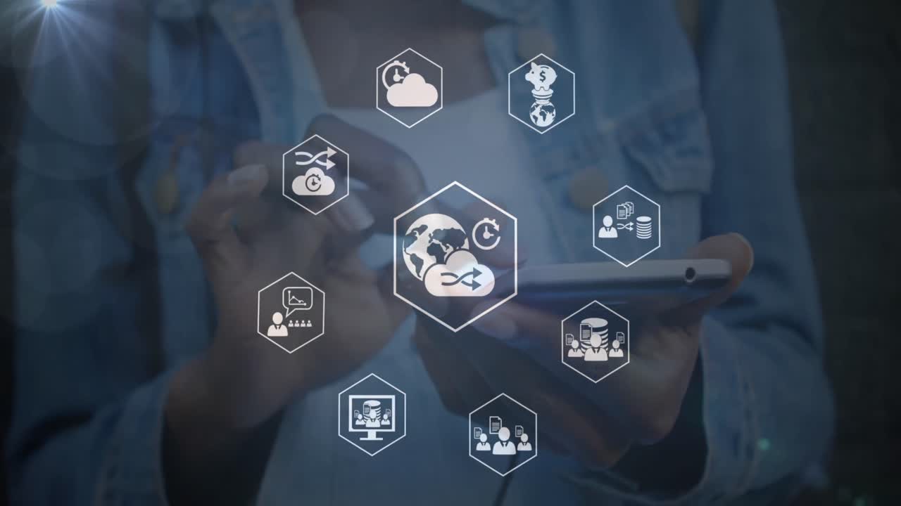 animación de la red de conexiones sobre la mujer usando teléfono inteligente