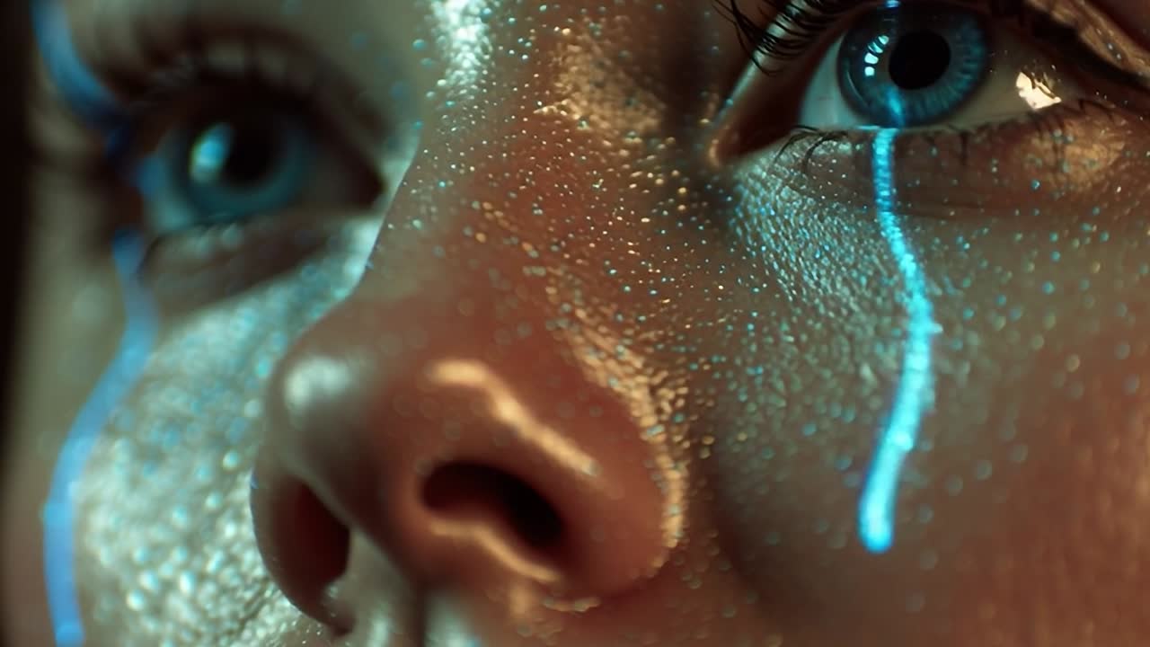 Close-up of a woman's face with glitter and light effects at night