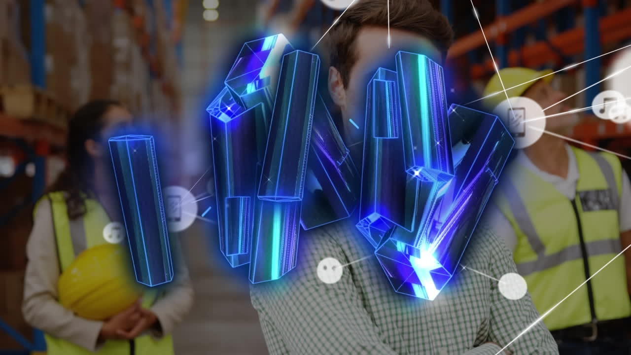 창고에 있는 사람들에 대한 연결 네트워크와 함께 파란색 금속 블록의 애니메이션