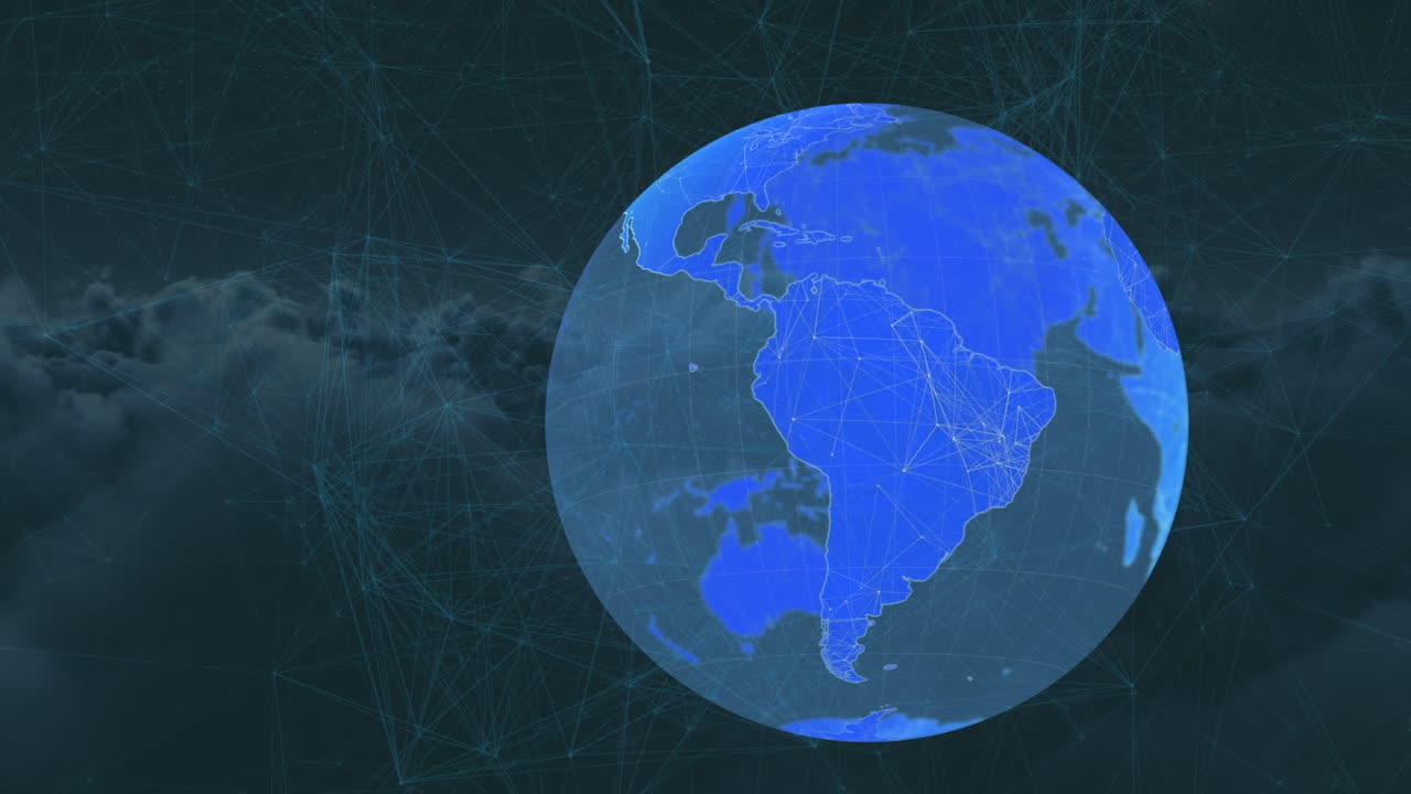 지구의 애니메이션과 하늘 위의 연결 네트워크