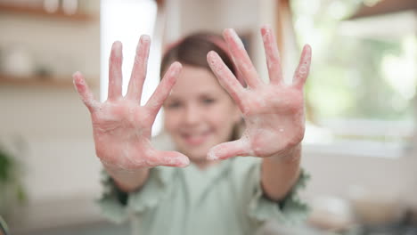 cleaning, soap and hands of child in kitchen