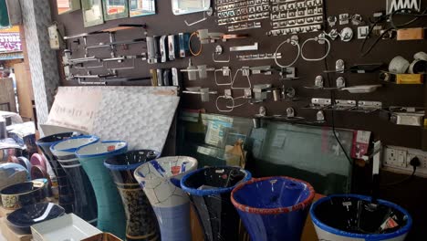 water taps of different types and shapes on the counter in the store. retail trade in sanitary ware. foreground. selective focus