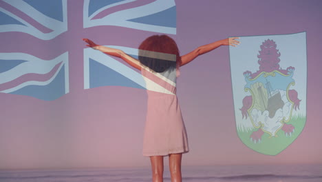 Animación-De-Una-Mujer-Con-Los-Brazos-Extendidos-Sobre-Las-Banderas-Británica-Y-Bermudas