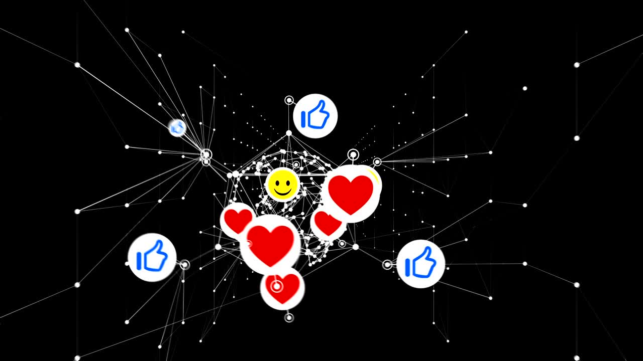 웃음, 엄지손가락, 심장 기호, 루프형 3d 애니메이션, 소셜 미디어 아이콘이 네트워크 그리드와 함께 원활하게 움직입니다.