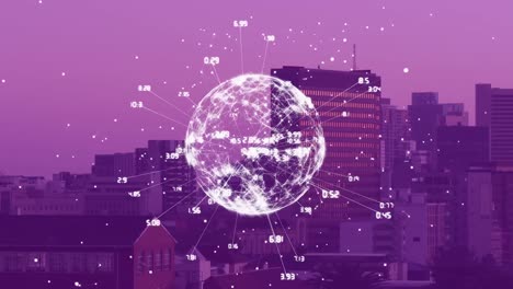 Animation-Von-Verbindungen-Und-Globus-über-Violettem-Stadtbild