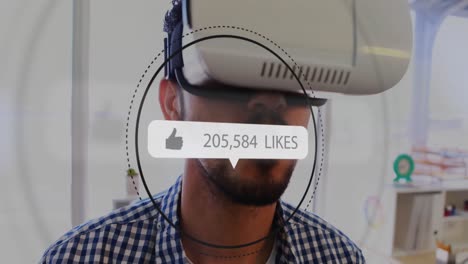 Animation-of-increasing-likes-on-a-speech-bubble-against-biracial-man-wearing-vr-headset