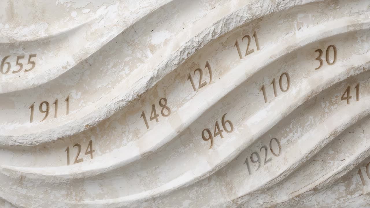Camera making slow lateral shift and pulling focus over wall relief, revealing numerals to inspect