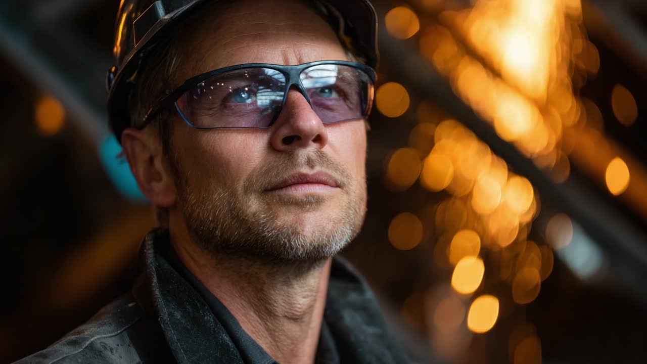 A focused worker in safety gear gazes upward, embodying concentration and resilience in a vibrant industrial setting filled with striking bokeh light effects that illuminate his determination