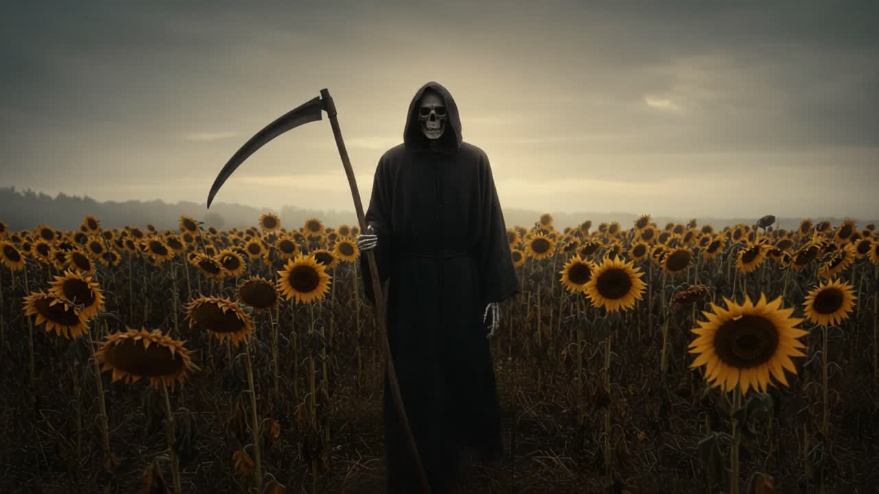 Mysterious Figure in Sunflower Field: A Grim Reaper's Haunting Presence Amidst Nature's Beauty and Eerie Atmosphere, Symbolizing Life and Death's Intertwined Journey