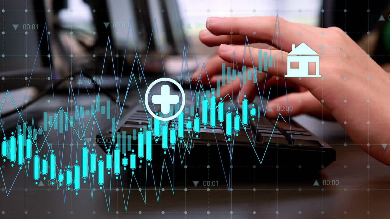 animazione dell'elaborazione dei dati finanziari con icone su diversi colleghi che utilizzano computer in ufficio